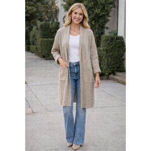 Luxury Knit Heathered Oatmeal Beige Longline Cardigan Duster Shawl Collar / XL